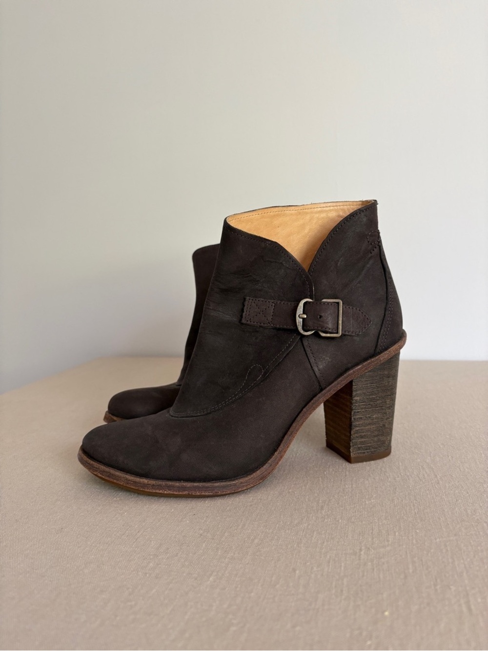 Timberland Women's Dark Brown Suede Buckle Ankle Boot with Stacked Heel 7